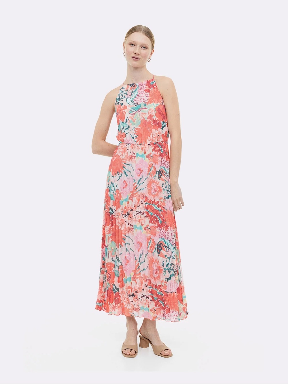 H&M Floral Halter Maxi pleated Dress in Coral Pink